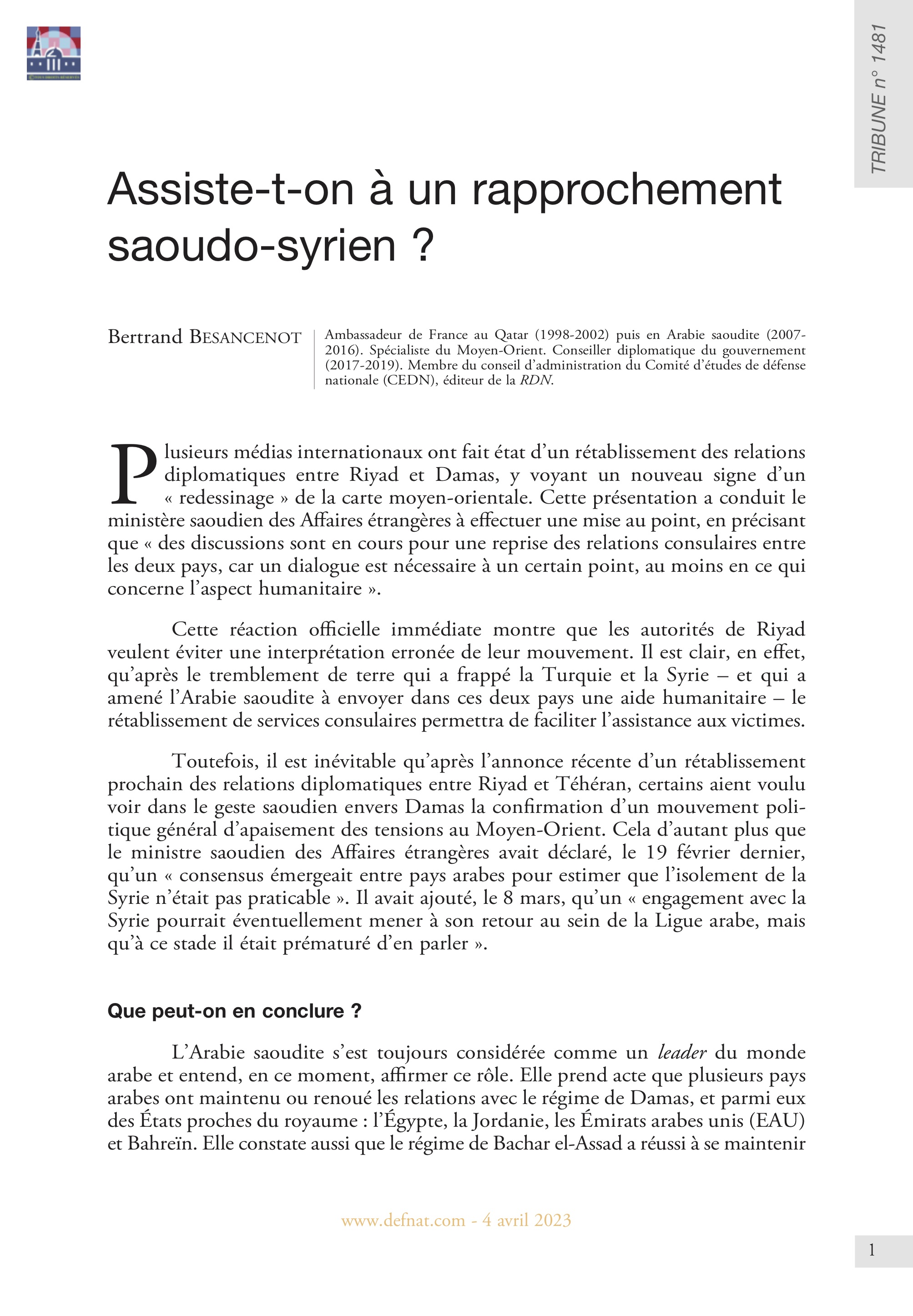 Assiste-t-on à un rapprochement saoudo-syrien ? (T 1481)
